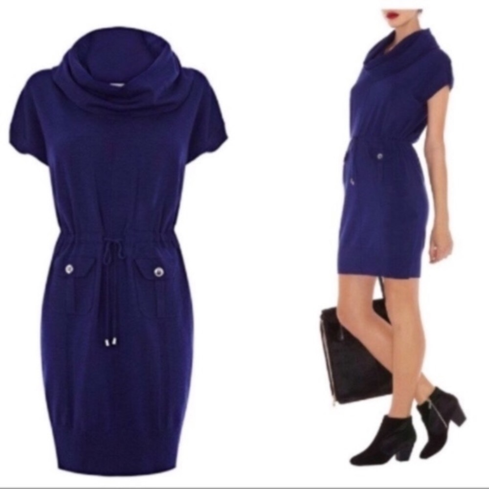 Karen Millen Blue Cowl Neck Wool Blend Knit Dress Sz 3 (US Medium / Large)
